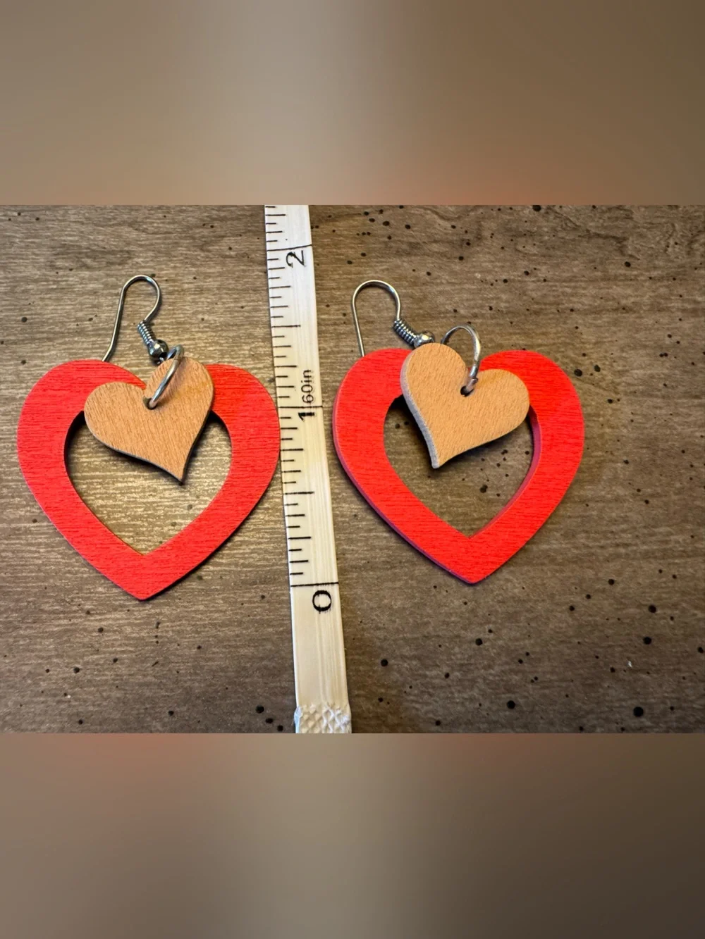 Red and Tan Heart Drop Earrings